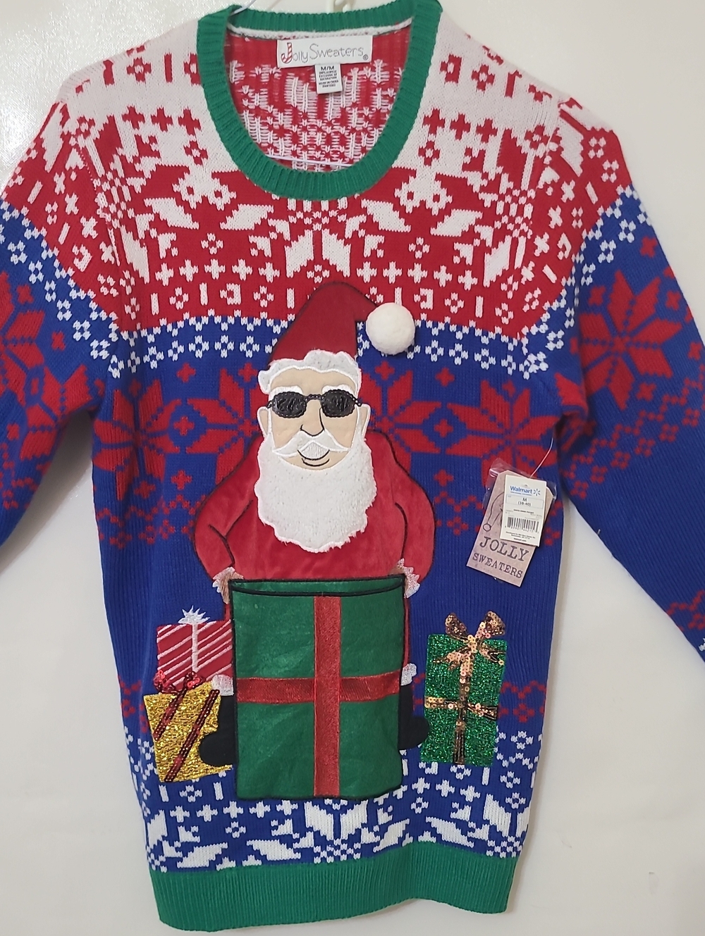 Jolly Sweaters Men’s Red & Blue Santa Ugly Christmas Sweater - Size M NEW